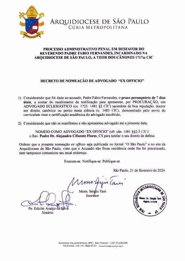 Nomeação de Advogado ‘Ex Officio’ - Arquidiocese de São Paulo