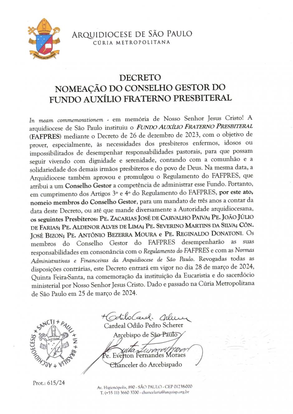 Nomeações de conselhos do Fundo de Auxílio Fraterno Presbiteral - Arquidiocese de São Paulo