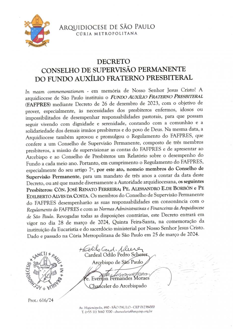 Nomeações de conselhos do Fundo de Auxílio Fraterno Presbiteral - Arquidiocese de São Paulo