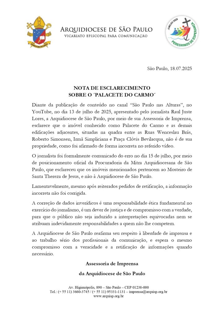 Nota sobre reportagem acerca do ‘Palacete do Carmo’ - Arquidiocese de São Paulo