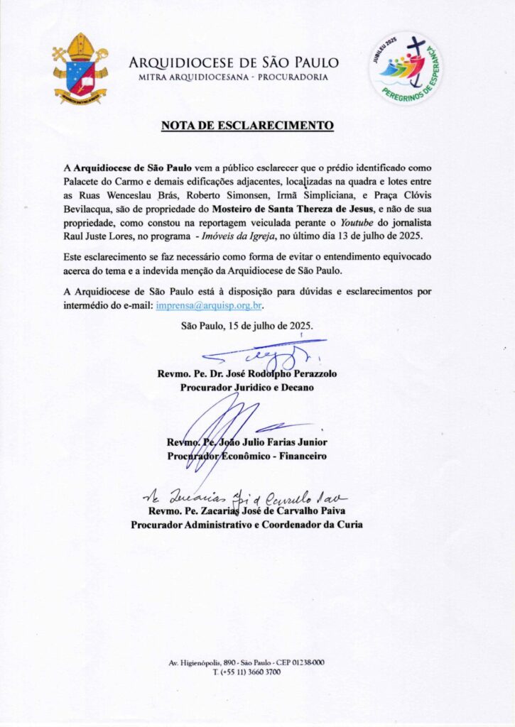 Nota de Esclarecimento sobre o Palacete do Carmo - Arquidiocese de São Paulo