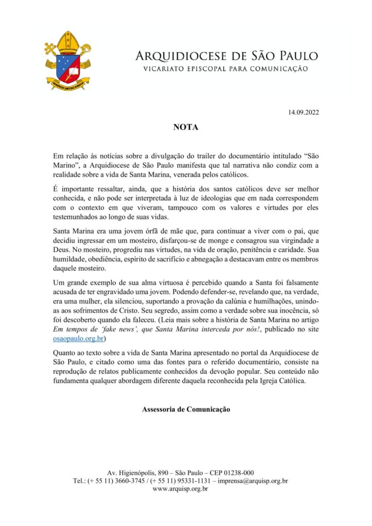 Nota sobre documentário relacionado à Santa Marina – 2022 - Arquidiocese de São Paulo