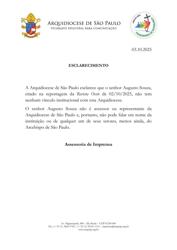 Nota de Esclarecimento sobre a reportagem da Revista Oeste - Arquidiocese de São Paulo