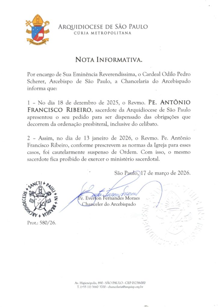 Nota Informativa sobre o Padre Antônio Francisco Ribeiro - Arquidiocese de São Paulo
