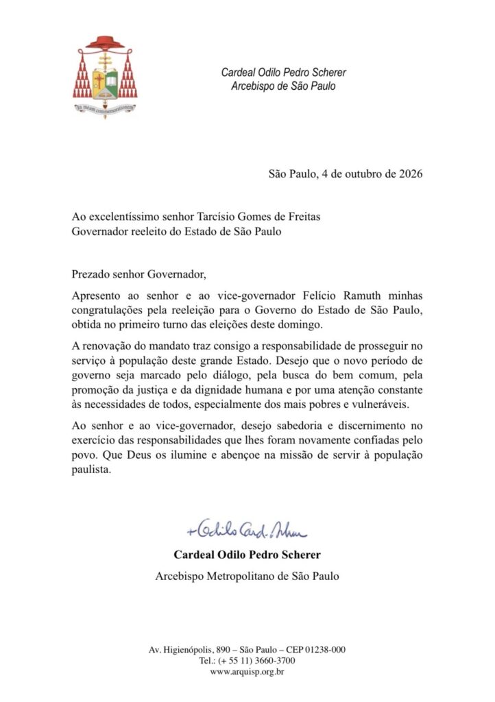 Congratulações do Cardeal Odilo Scherer ao governador reeleito de São Paulo